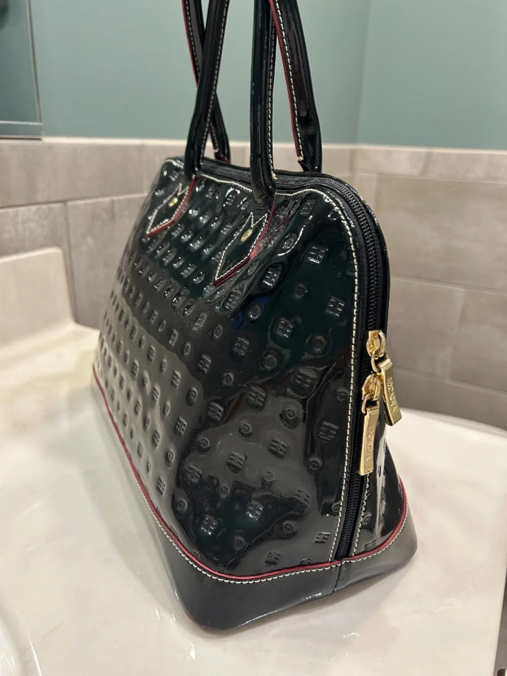Quiet luxury Arcadia Italy black embossed patent leather satchel bag